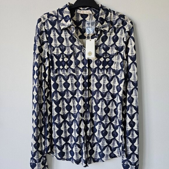 NWT TORY BURCH Navy Off White Print Kimber Blouse Top Shirt XS - Picture 9 of 10
